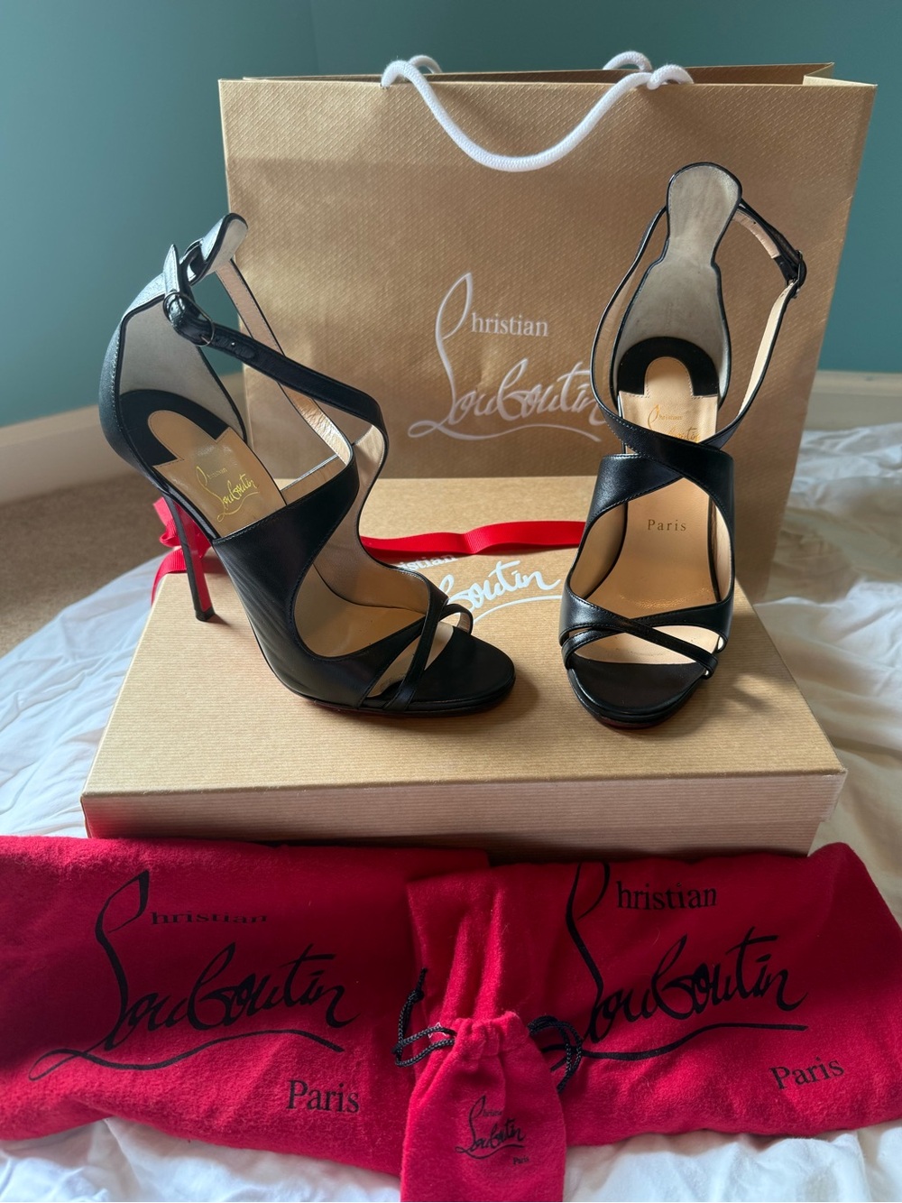 Sexy Christian Louboutin Malefissima Black Leather Crisscross Stiletto Sandals